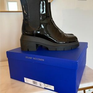 Stuart Weitzman Norah Chelsea Bootie in Black Patent Leather - Size 9.5